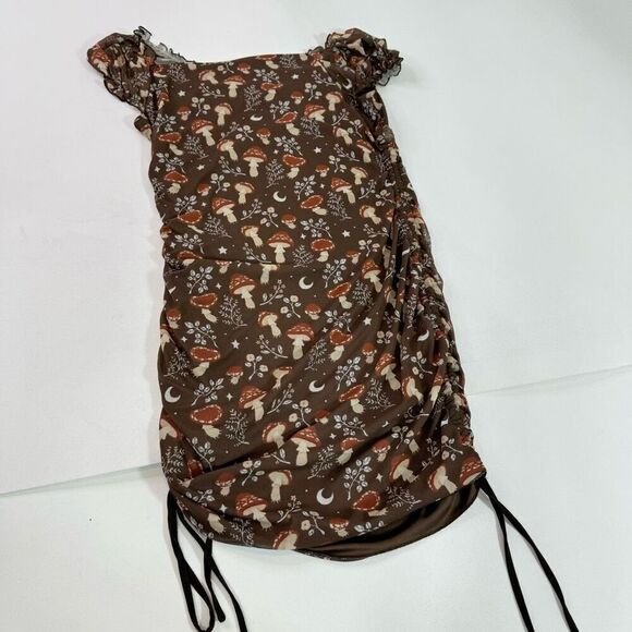 ROMWE Dress Womens XL Brown Mushrooms Ruched Bodycon babydoll y2k 90s whimsy - Picture 6 of 9